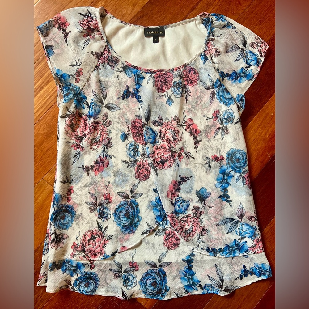 Tamara H. Floral Blouse, Blue/Coral/White, Size S